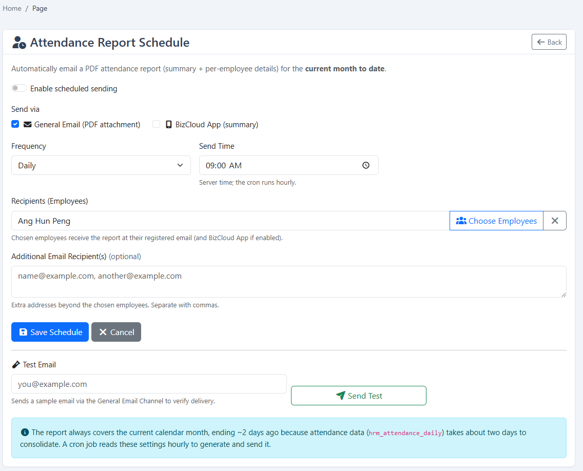 Attendance Calculation, Exceptions & Reports: Scheduled reports